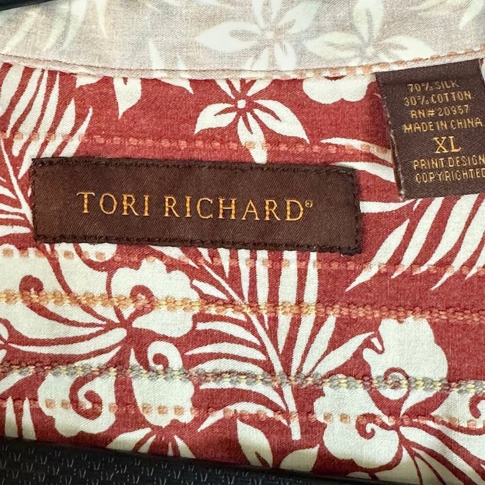 Tori Richard Mens XL Silk Cotton Hawaiian Shirt Short Sleeve Cream Floral Trim